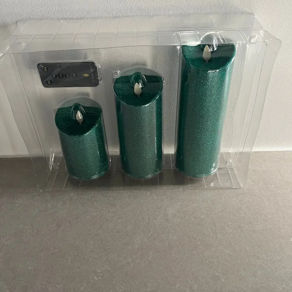 Luminara Set of 3 Emerald Green Glitter Pillars w/Remote NEW